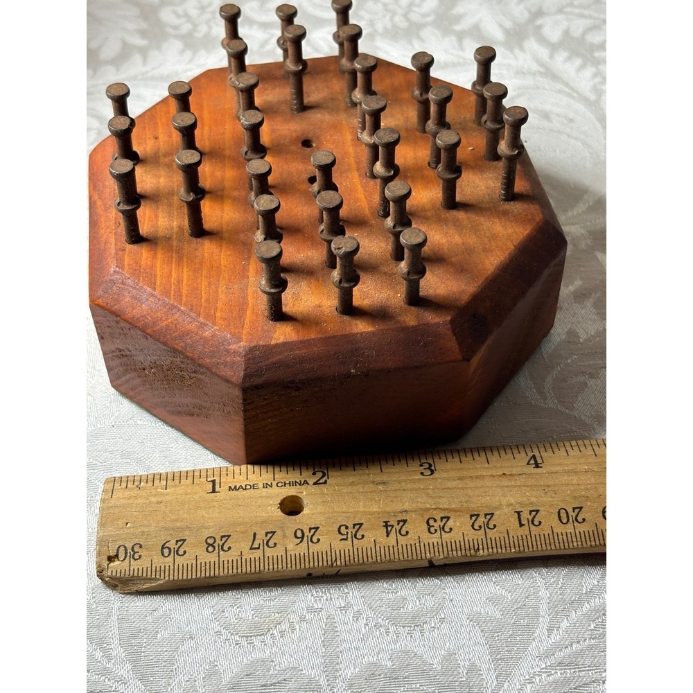 Handmade Wooden Octagon Peg Solitaire Game Rustic Metal Pins Folk Art Vintage - Picture 5 of 7